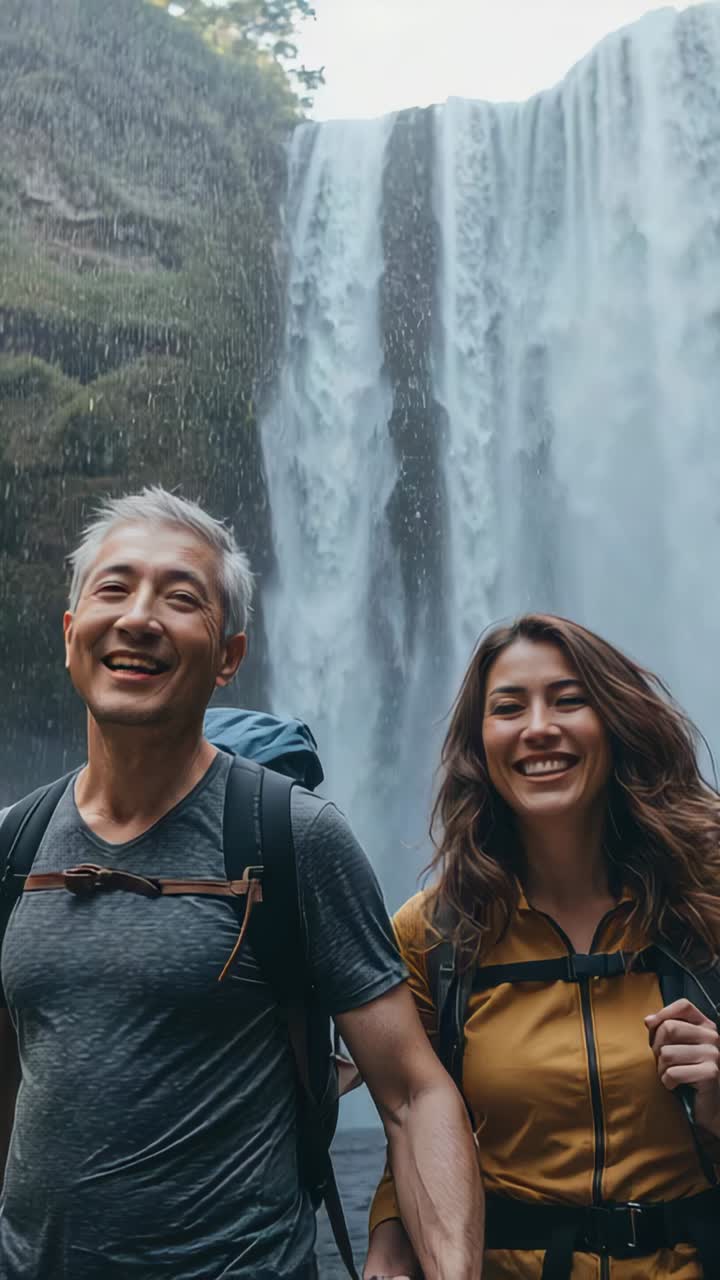 Vertical video: Pausing, hiking couple in mustard jacket adjusting packs and posing at waterfall