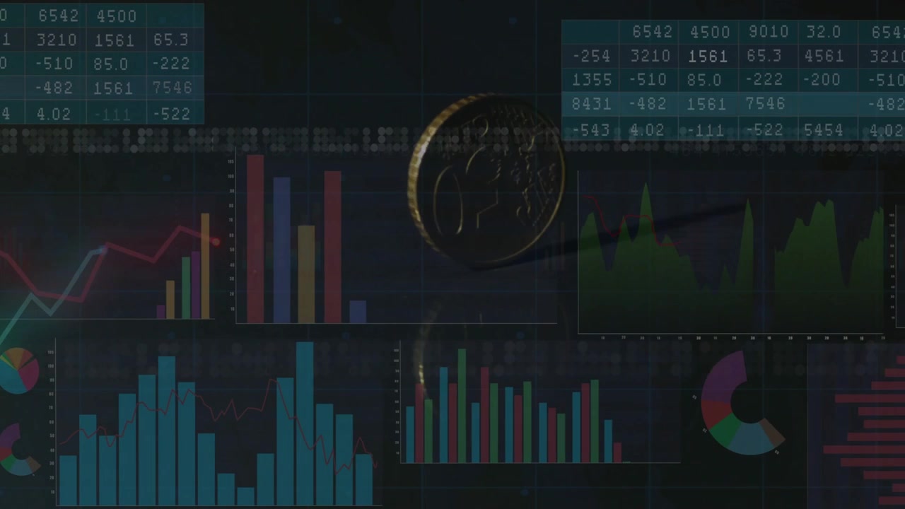 Moeda de ouro aparecendo no topo, começando a girar no sentido horário sobre o painel, refletindo gráficos mostrando o mercado