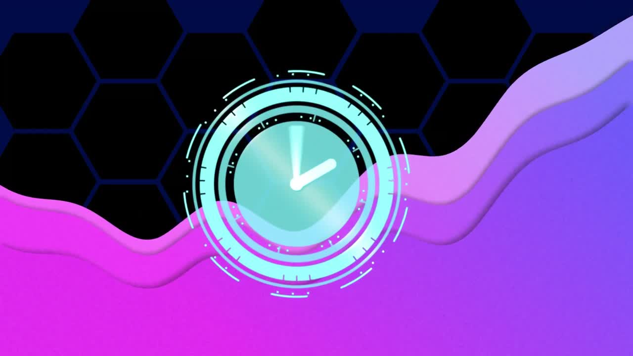 Animation of moving clock over purple shapes and hexagons on blue background