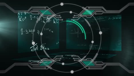 Animation-Von-Kreisen-Und-Verbindungen-über-Drei-Bildschirme,-Die-Mathematische-Gleichungen-Schweben-Lassen