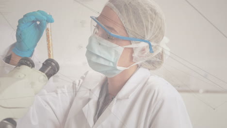 red de conexiones contra la científica que lleva una máscara de cara con un tubo de ensayo en el laboratorio