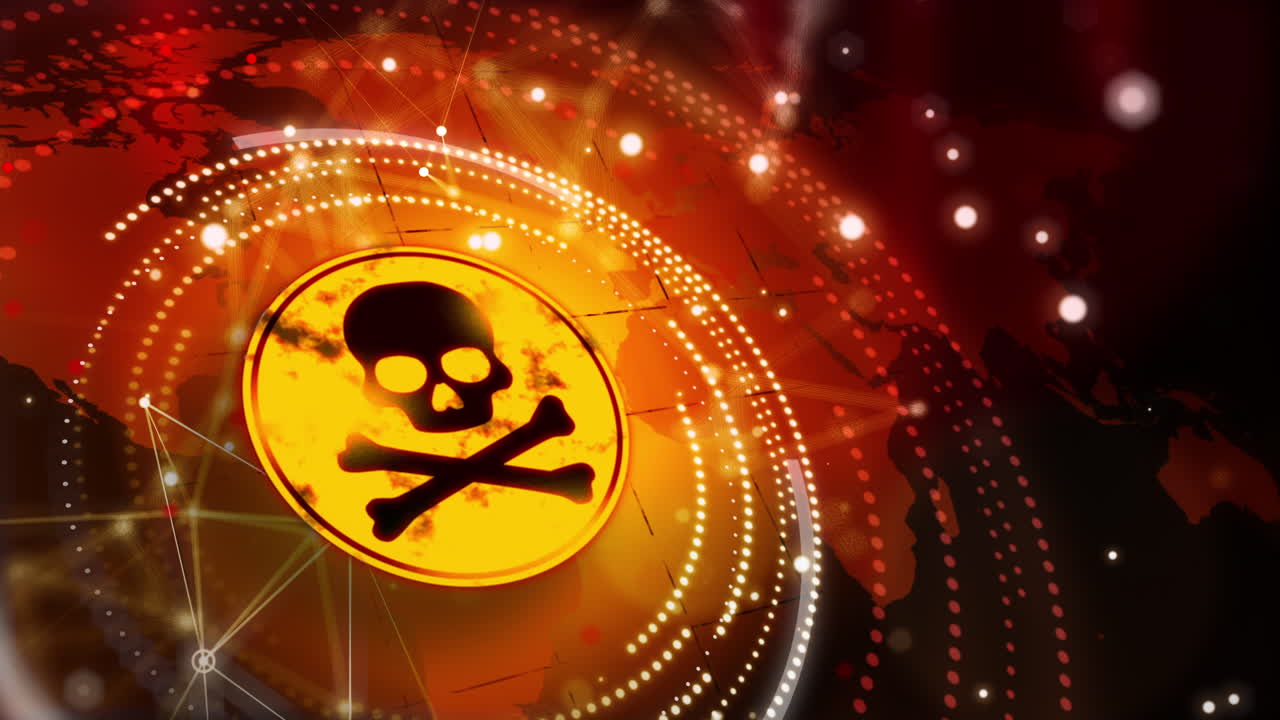 Animation warning round yellow sign with skull. Toxic environmental pollution. Abstract looped red danger background. Geometric figures of points and lines.
