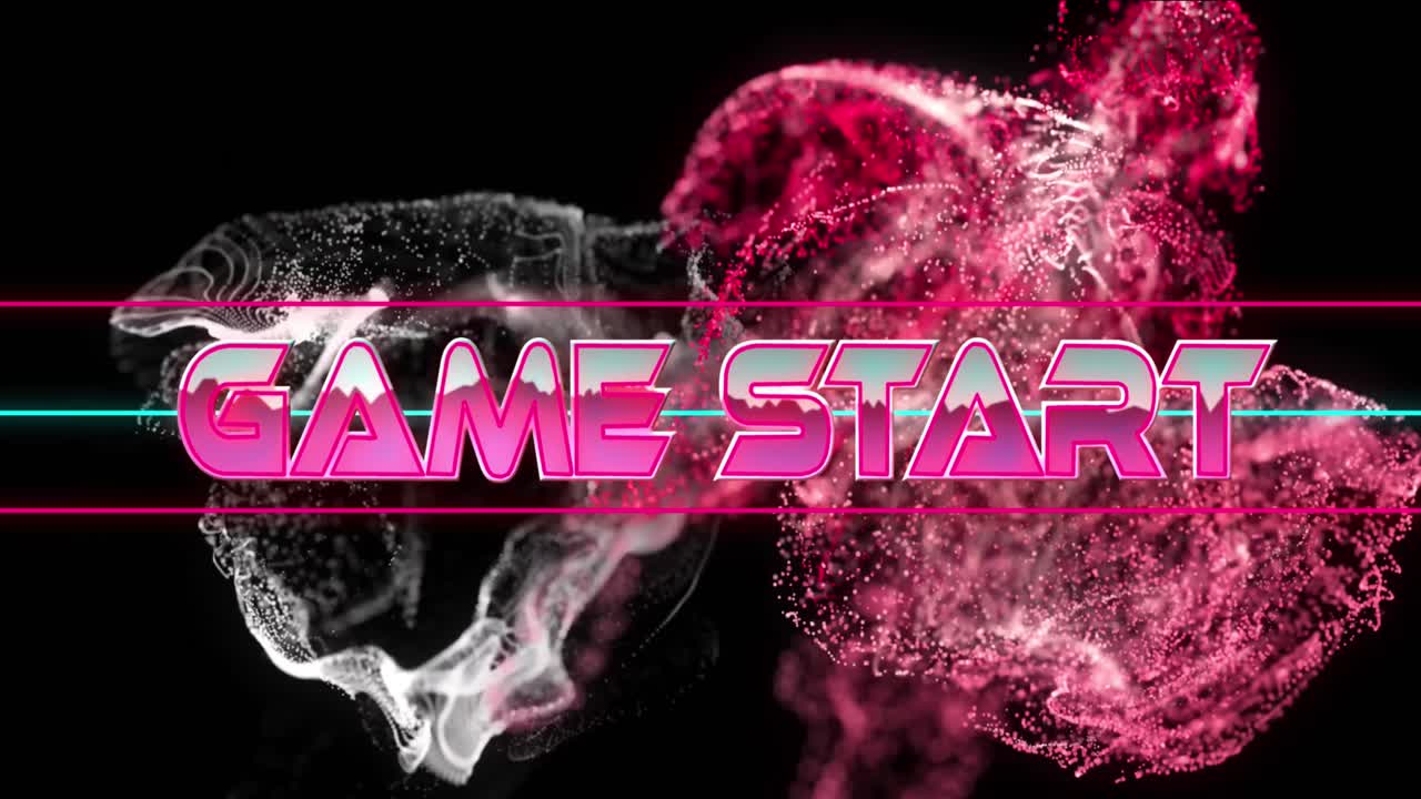 게임 시작 텍스트 배너의 애니메이션은 검은 바탕에 분홍색과 회색의 반이는 디지털 파도 위에 있습니다.