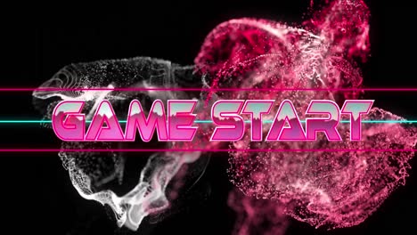 Animation-of-game-start-text-banner-over-pink-and-grey-glowing-digital-waves-on-black-background