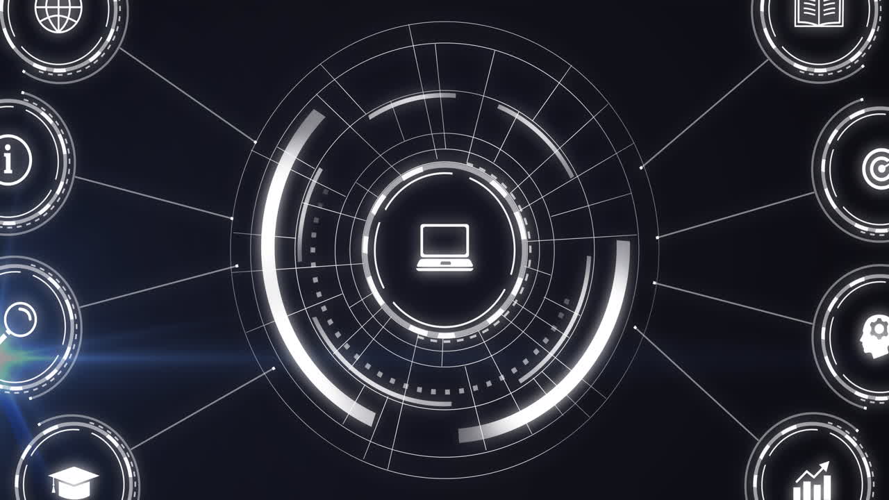 Animation of icons and data processing over black background