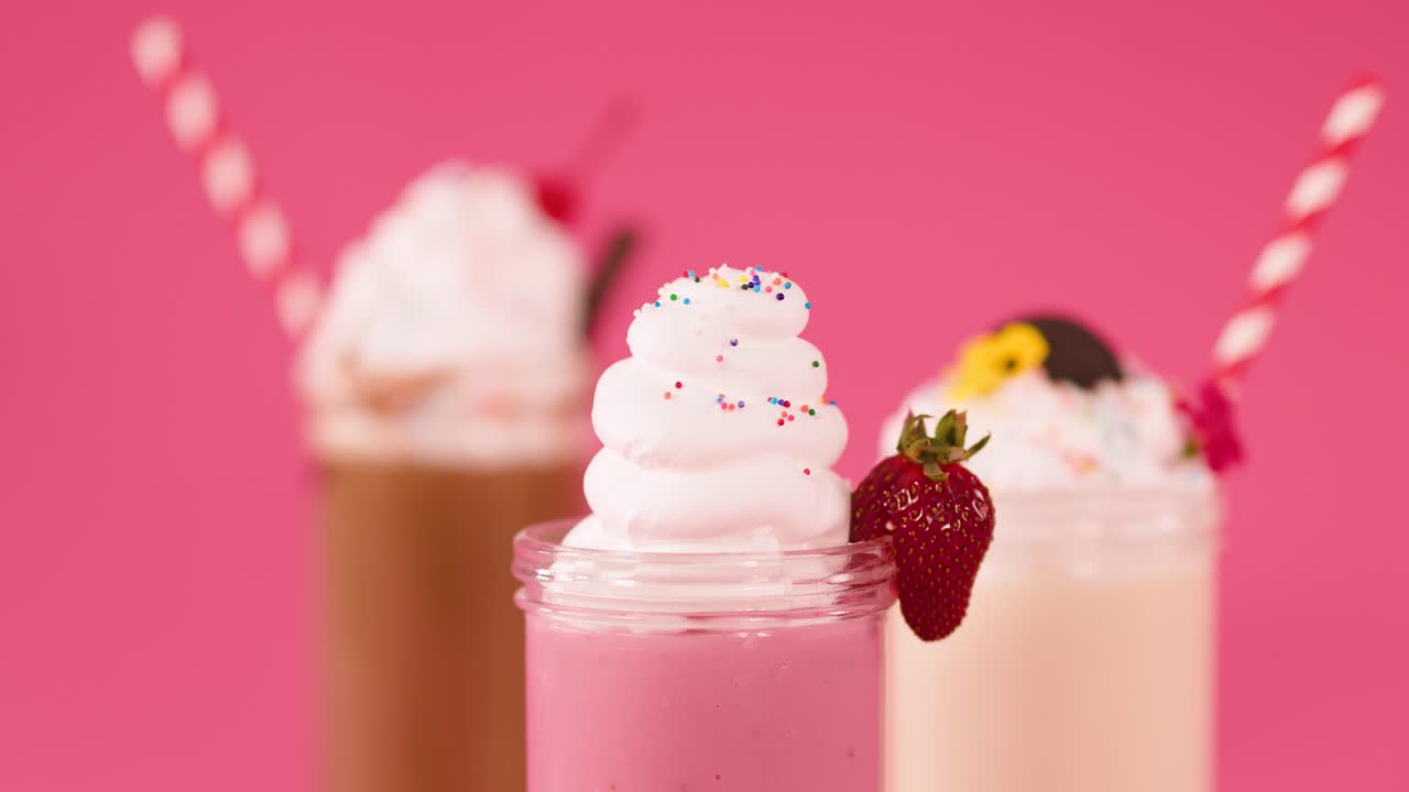 Colorful milkshakes topped with whipped cream, sprinkles, and fruit, under bright studio lighting, static shot