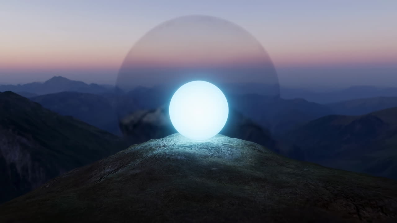 Orbe bleu lumineux pulsant sur un sommet de montagne au crépuscule