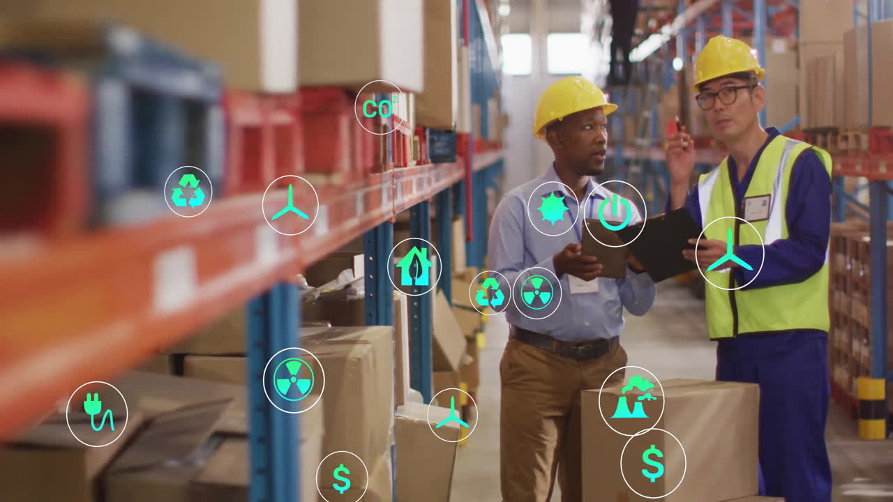 animación de iconos ecológicos y procesamiento de datos sobre diversas personas que trabajan en el almacén