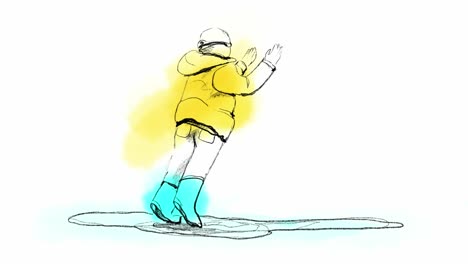 animación dibujada a mano de un niño saltando a través de charcos con chaqueta de impermeable amarilla y botas azules