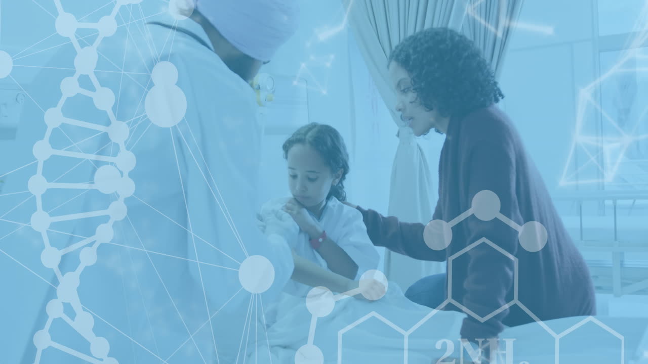 두 인종의 남성 의사와 소녀 환자를 대상으로 한 의료 데이터 처리의 애니메이션