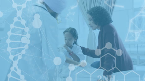 animation of medical data processing over biracial male doctor with girl patient