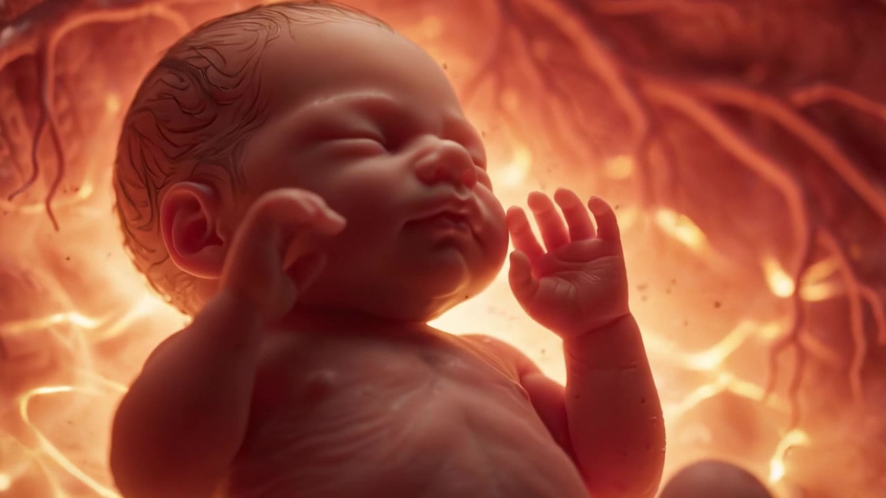 Una serena rappresentazione della nuova vita: esplorare l'intricata connessione tra un bambino in formazione e il suo ambiente nutriente nel caldo abbraccio dell'utero