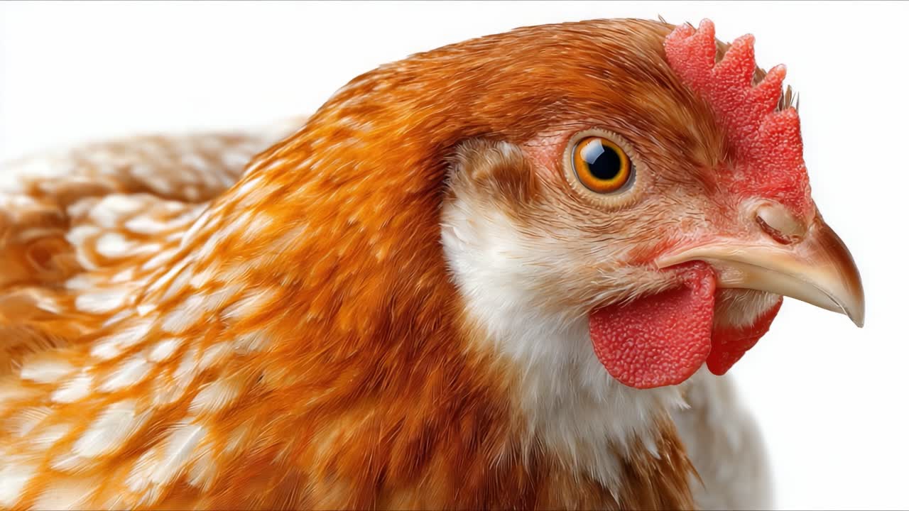 A Close-Up of a Brown Hen's Head: Showcasing the Intricate Feathers, Sharp Beak, and Bright Eye Reflecting the Beauty of Domestic Poultry