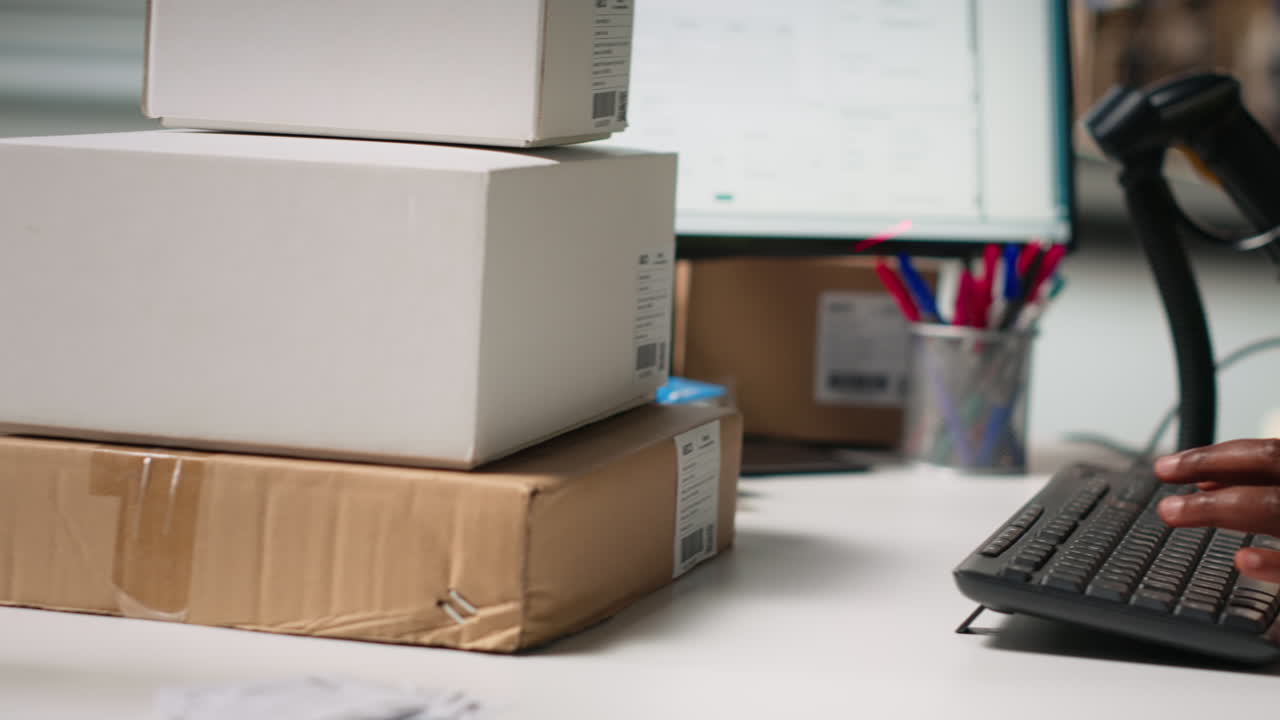 Female worker managing barcodes and shipment details scanning tasks