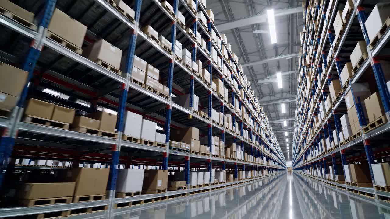 Wide-angle video shot of a vast warehouse with endless rows of shelves filled with boxes