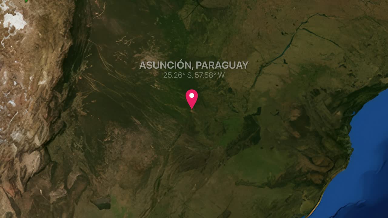 Digital earth zoom animation transitions from a global map to a pin over Asuncion Paraguay