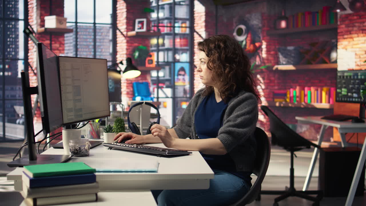 Female programmer developing app and software algorithm on pc