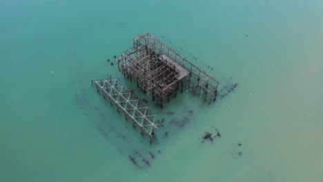 una toma aérea que se aleja de la ruina del muelle oeste en brighton con gaviotas volando