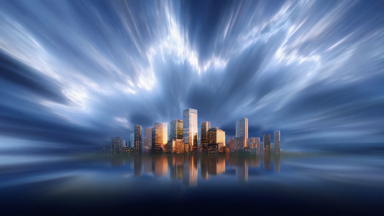 Dramatic Urban Reflection: A Stunning City Skyline at Dusk with Vibrant Lights and Atmospheric Clouds in the Background, Captured in Two Striking Frames