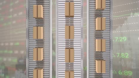 animation of delivery boxes on conveyer belt against stock market data processing and cityscape