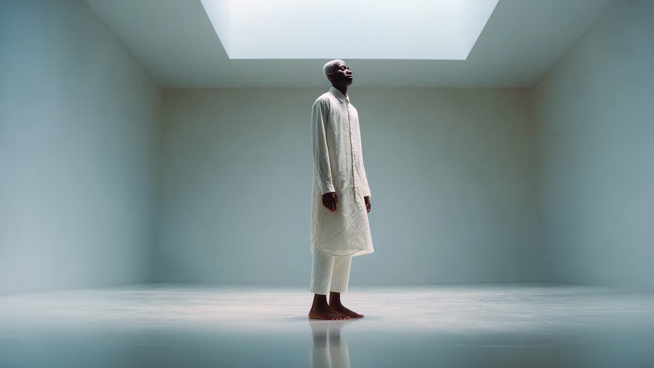 Une silhouette sereine se tient dans un espace illuminé, incarnant la contemplation et la solitude avec une douce lumière qui ruisselle d’en haut, créant une atmosphère puissante d’introspection et de paix