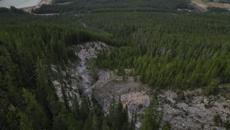 Backwards-and-upwards-moving-aerial-footage-flying-up-a-steep-hill-covered-by-vast-north-American-forest