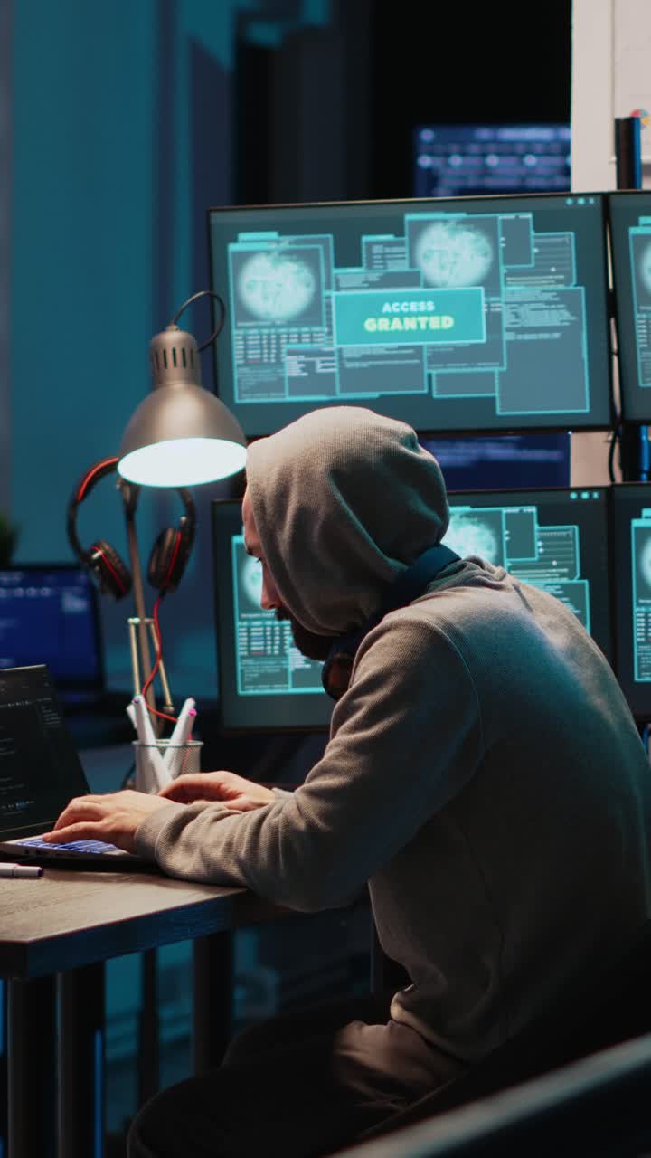 Video verticale: criminale informatico che viola il sistema di sicurezza per rubare big data