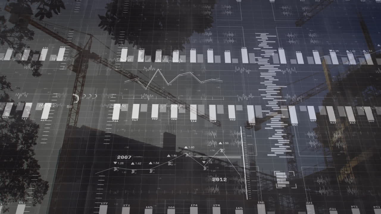 Animation of financial graphs overlaying construction site with cranes and buildings