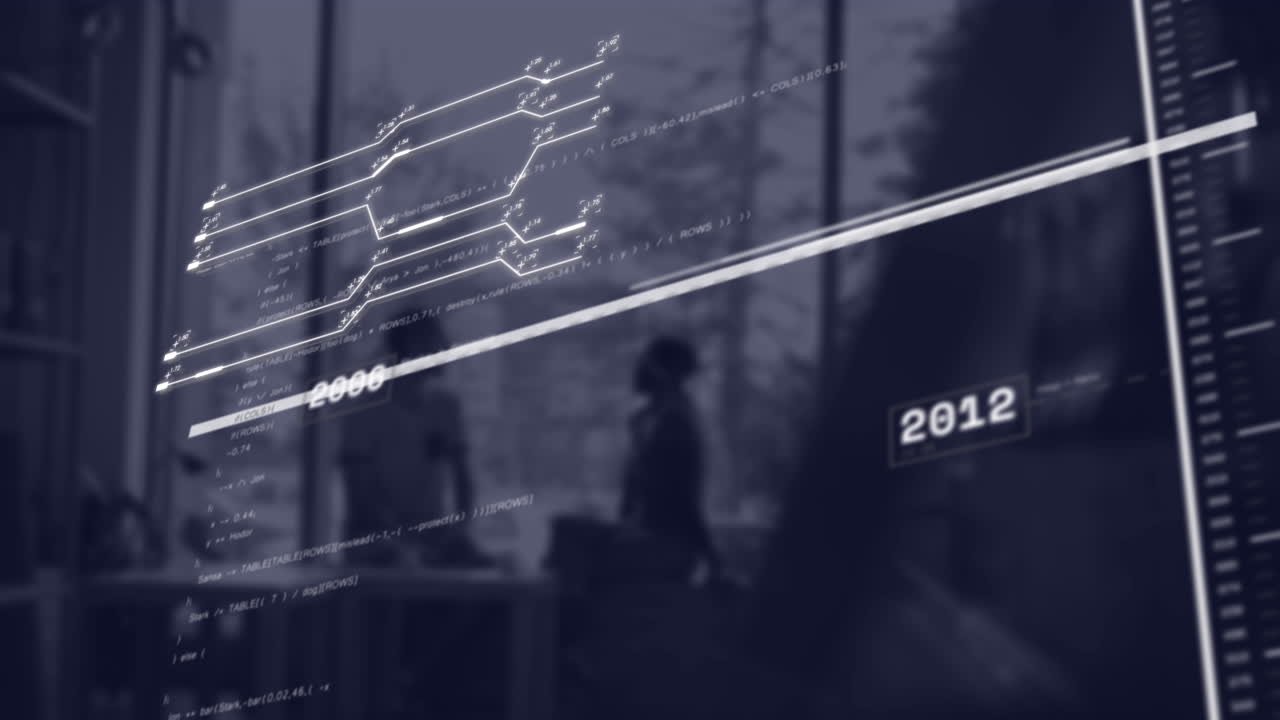 사무실의 창 근처의 남성과 여성에 대한 데이터 처리 인터페이스의 애니메이션