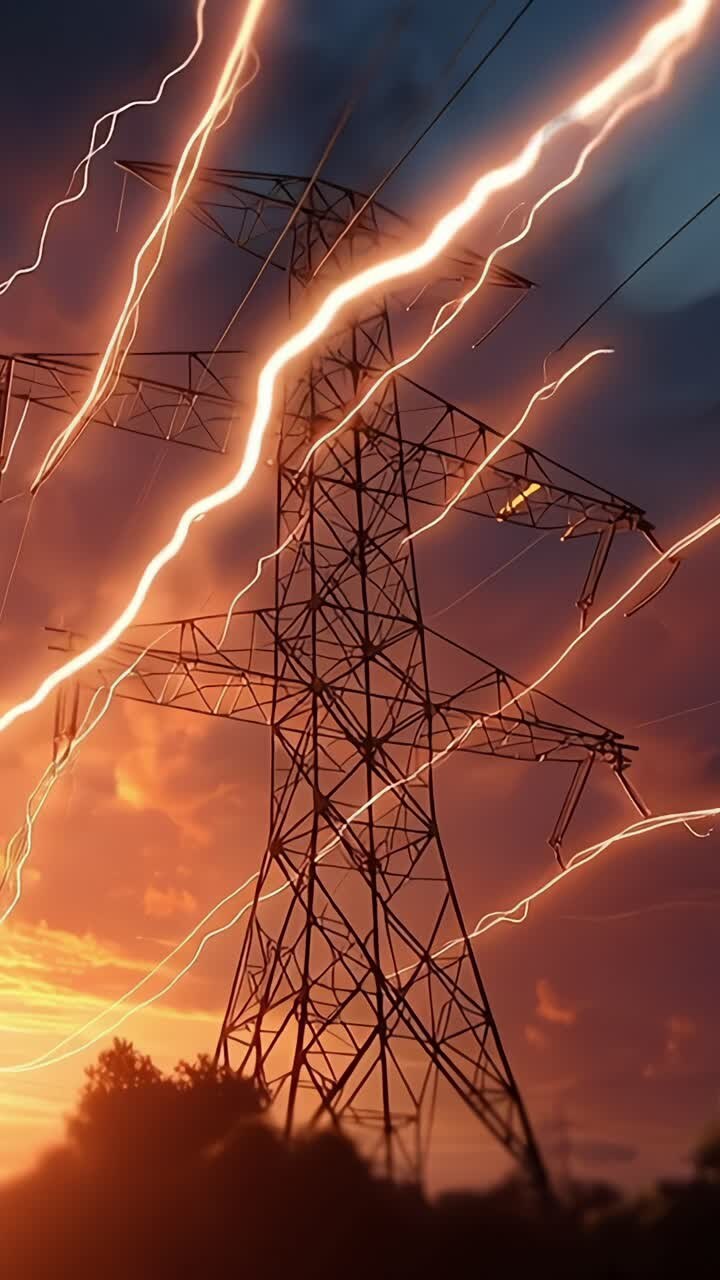 Pôr do sol impressionante: Descargas elétricas voláteis envolvendo uma imponente estrutura de linhas de energia em meio a um céu tempestuoso e eletrizante.