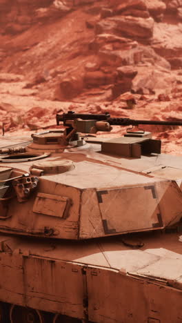 close-up of a tank in desert terrain