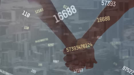 animation of numbers processing over people holding hands