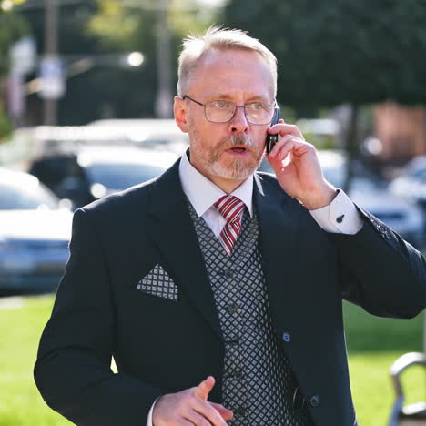 outdoor portrait of mature businessman talking on mobile phone. senior executive businessman with beard and glasses solves the problems while talking on cell phone in the city.