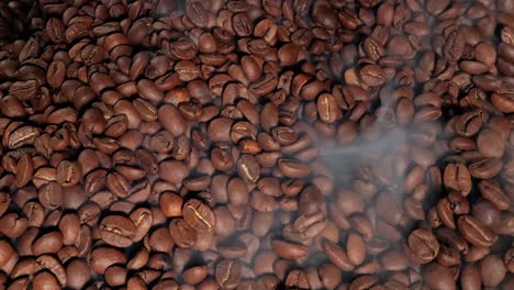 close up of roasted coffee beans with steam