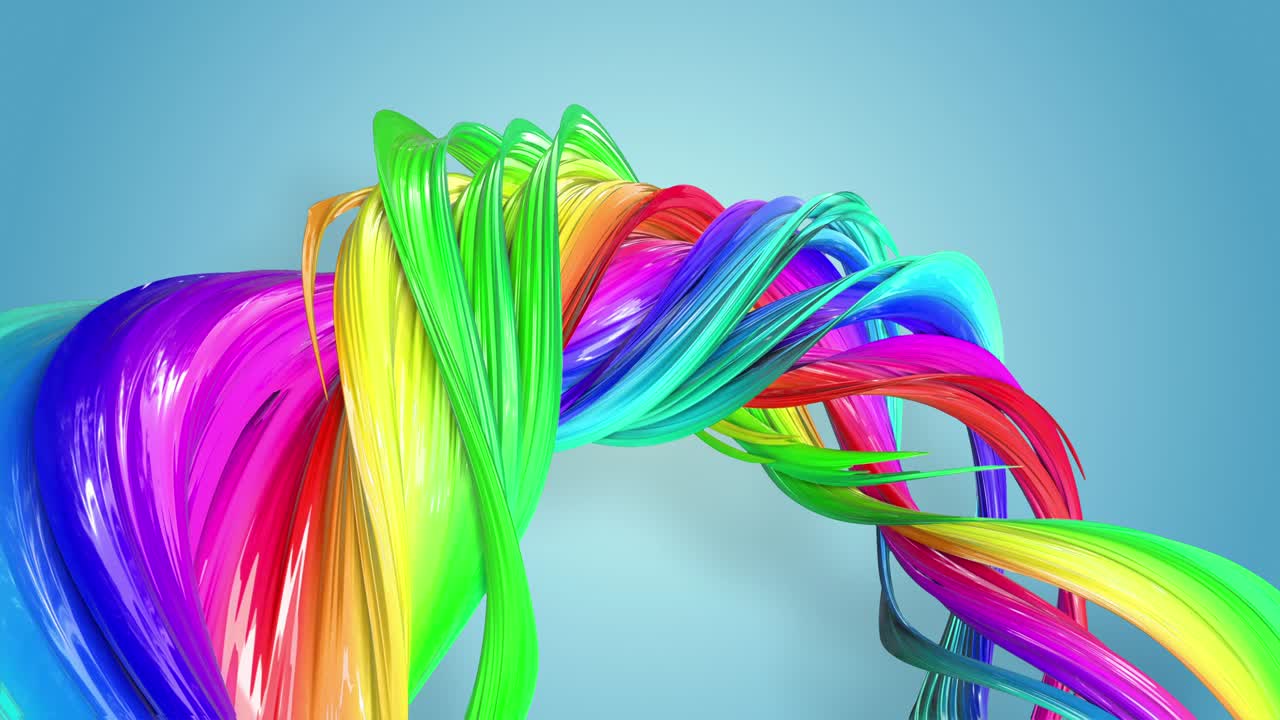 무지개 색의 환상적인 아름다운 리본, 휘어지고 구부러진, 다채로운 크리에이티브 배경, 부드러운 부드러운 애니메이션, 4k 선과 컬러 그라디언트.