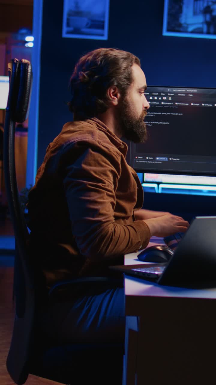 Focused Programmer Working Late Night on Computer in Dark Office