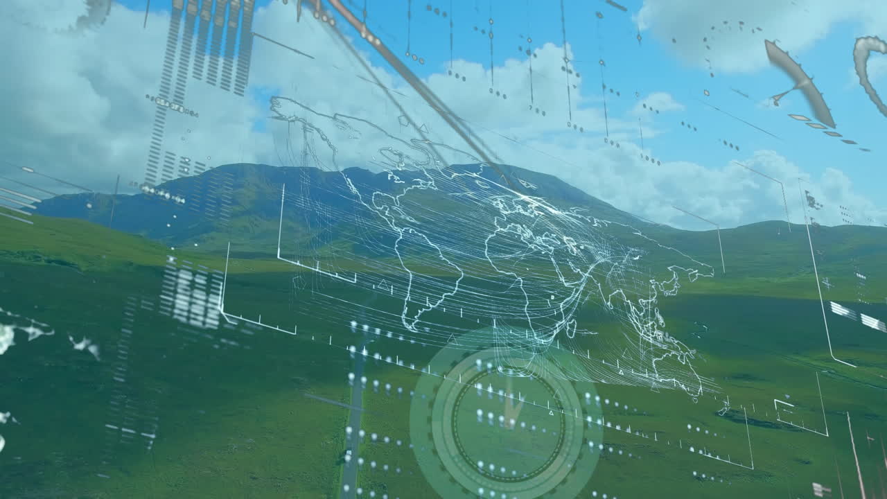 네온 시계의 애니메이션과 산과 함께 풍경에 대한 데이터 처리 인터페이스