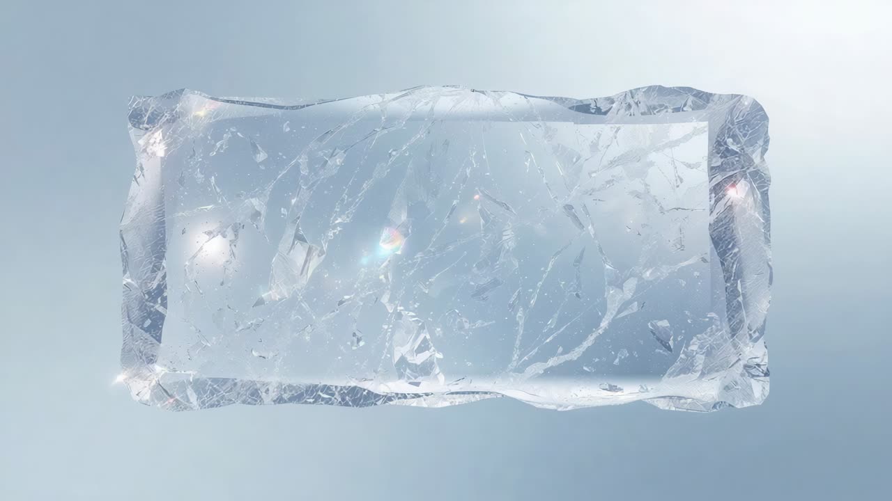 Shining lens flares moving across clear ice block in studio, showing fractures and droplets