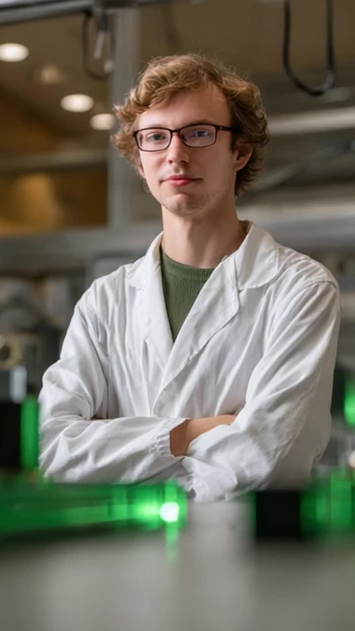 Jovem pesquisador focado em jaleco cercado por uma instalação experimental verde, demonstrando dedicação à ciência e inovação em um ambiente laboratorial moderno