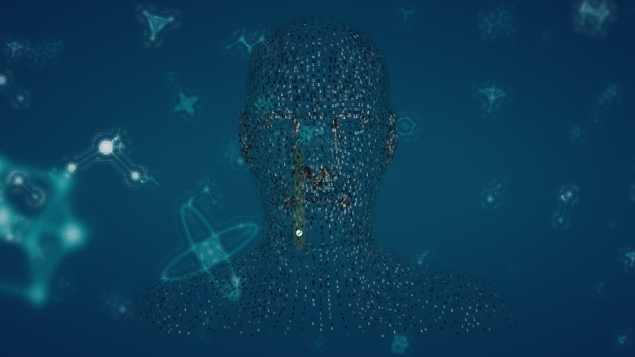 Animation of molecules floating over human head model and navy background