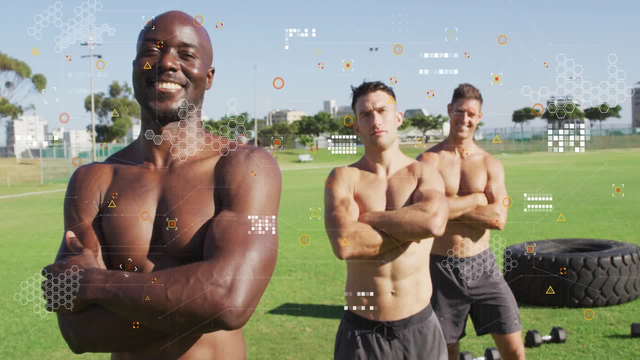 Three men stepping forward on cue, posing, showcasing workout, HUD growing, highlighting dumbbells