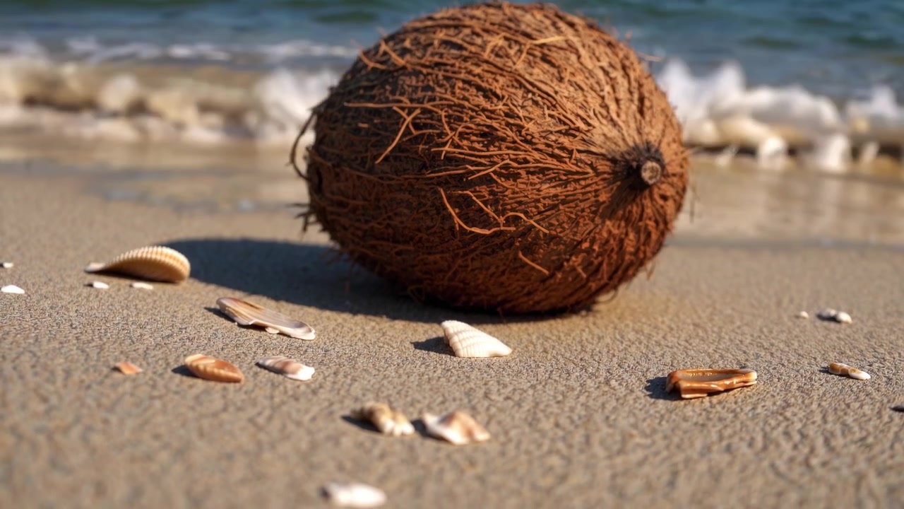Un cocco su una spiaggia sabbiosa con onde oceaniche