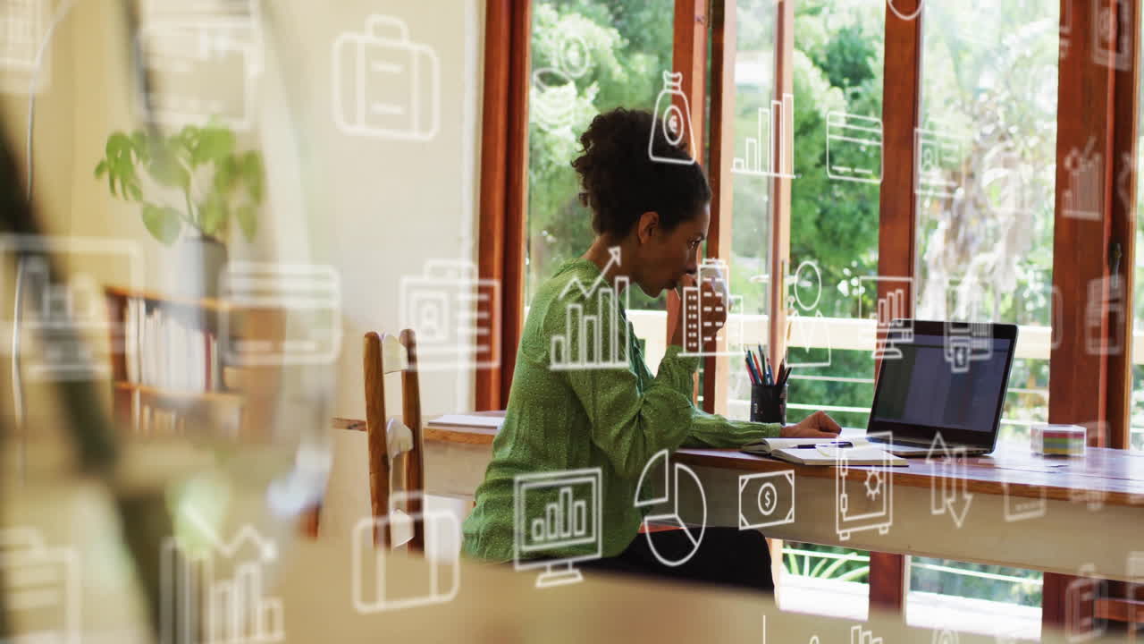 Working on laptop, woman surrounded by business analytics and data icons animation