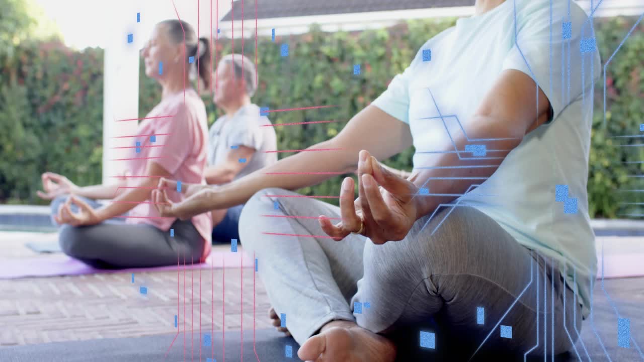 Foreground man and wellness classmates starting palms pose, forming mudra for calm, overlays rising
