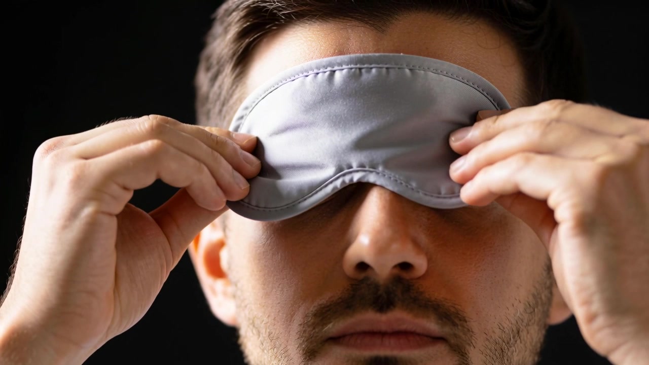 Inspecting fit, man pulling down and smoothing gray satin sleep mask in studio, wearing dark top