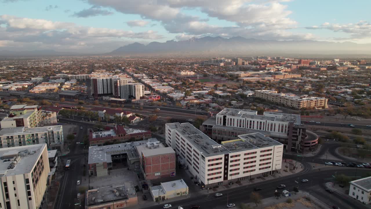 Eastward facing aerial of downtown Tucson, Arizona, 4K