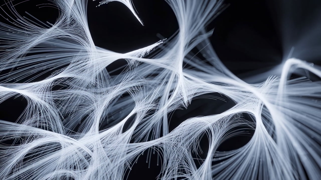 White Filaments On Black Background, Delicate Silklike Strands Weave Into Neural Net Structures, Highcontrast