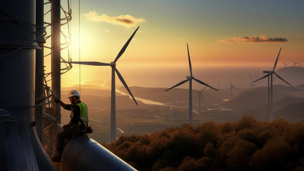 Técnico Inspecionando Turbina Eólica ao Pôr do Sol