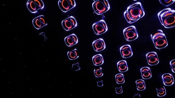 Animazione di palline che rimbalzano in un cubo con un bagliore neon astratto
