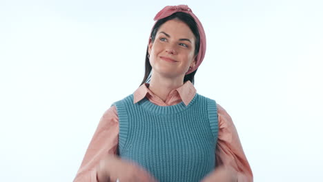 Peace-sign,-happy-and-face-of-woman-in-studio